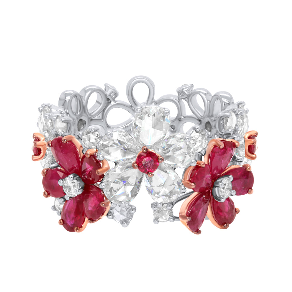 Kamyen 18K White Gold Diamond Ruby Flower Ring