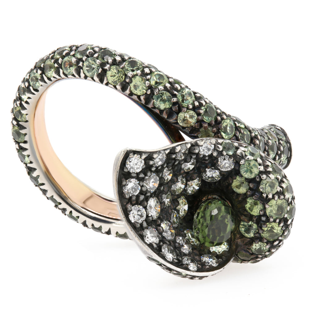 Jay Feder 18K White Gold Sterling Silver Diamond Calla Lily Ring