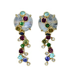 Laura Medine 18k Yellow Gold Moonstone Diamond Multi Colored Stone Drop Earrings