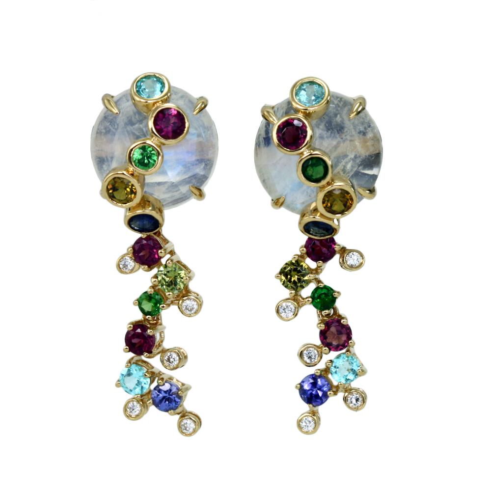 Laura Medine 18k Yellow Gold Moonstone Diamond Multi Colored Stone Drop Earrings