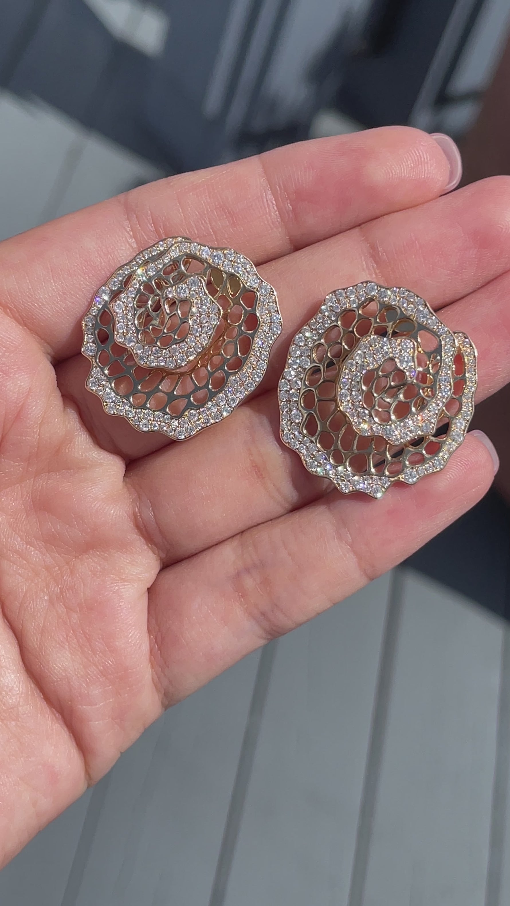 Jay Feder 14k Yellow Gold Diamond Floral Spiral Filigree Earrings