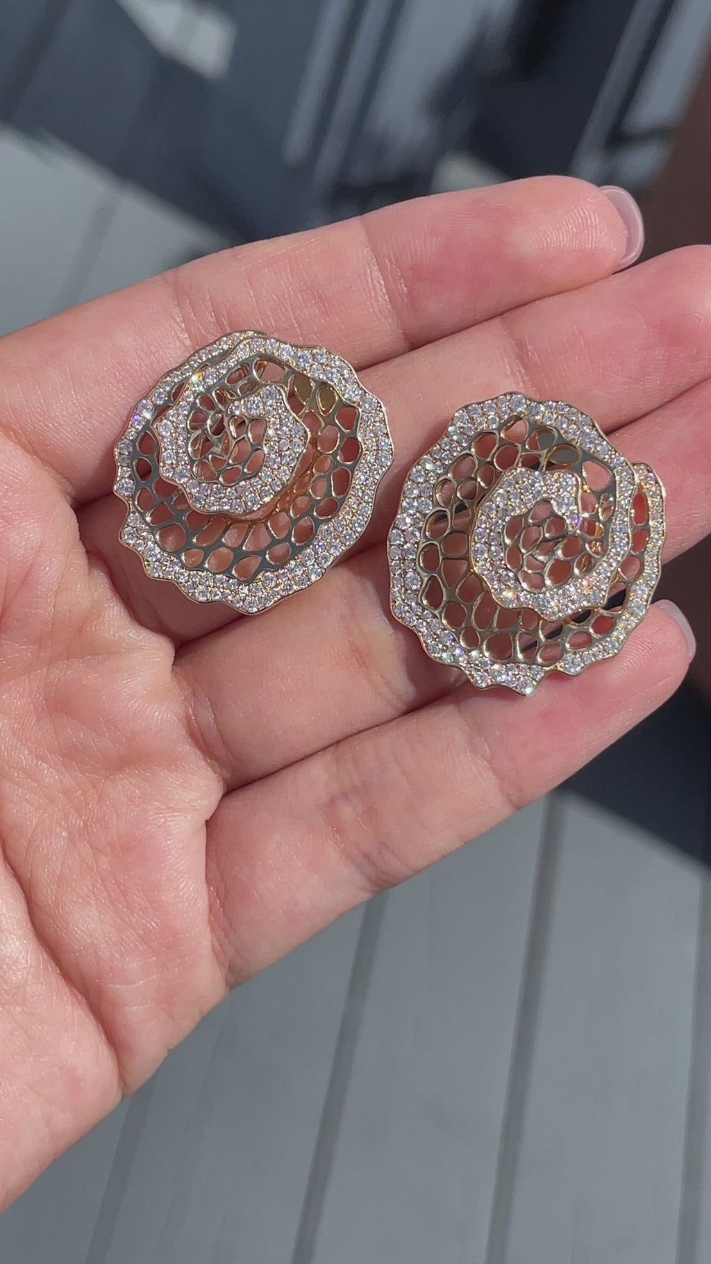 Jay Feder 14k Yellow Gold Diamond Floral Spiral Filigree Earrings