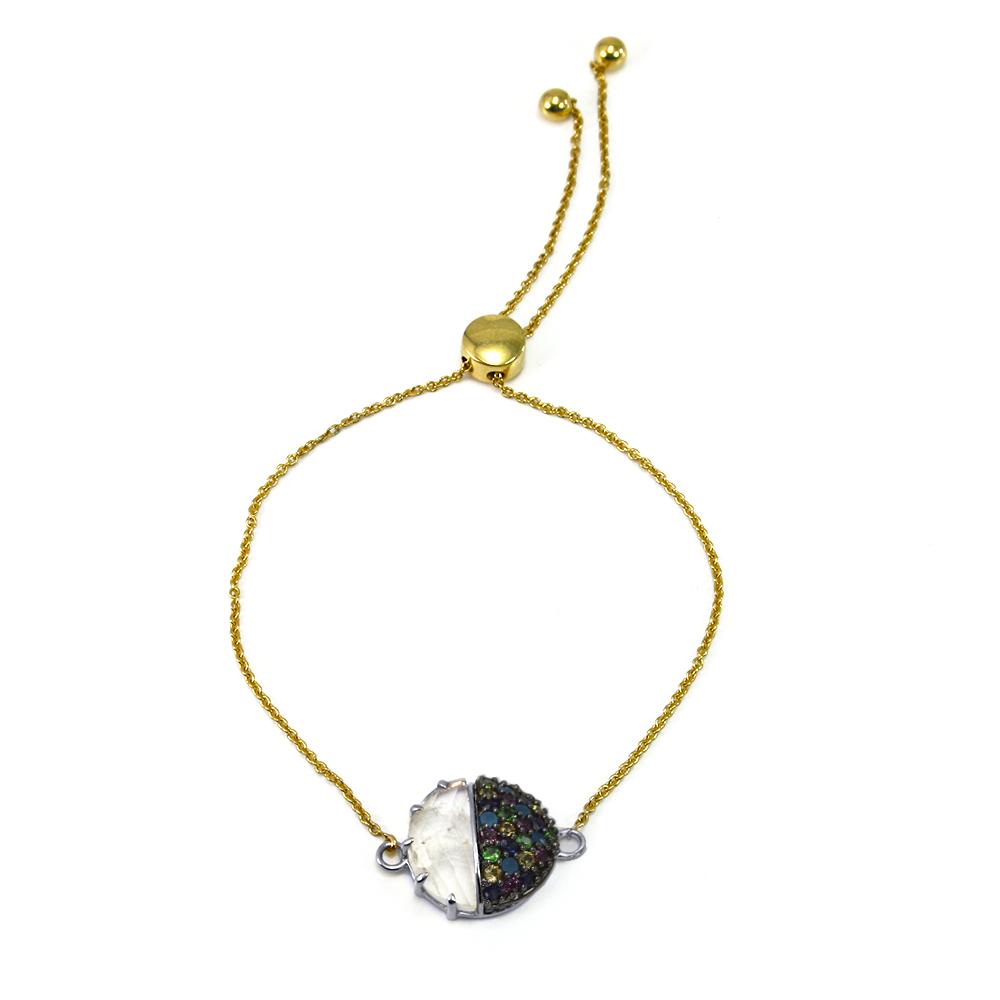 Laura Medine 18K Yellow Gold Moonstone Multi colored Stone Adjustable Bracelet
