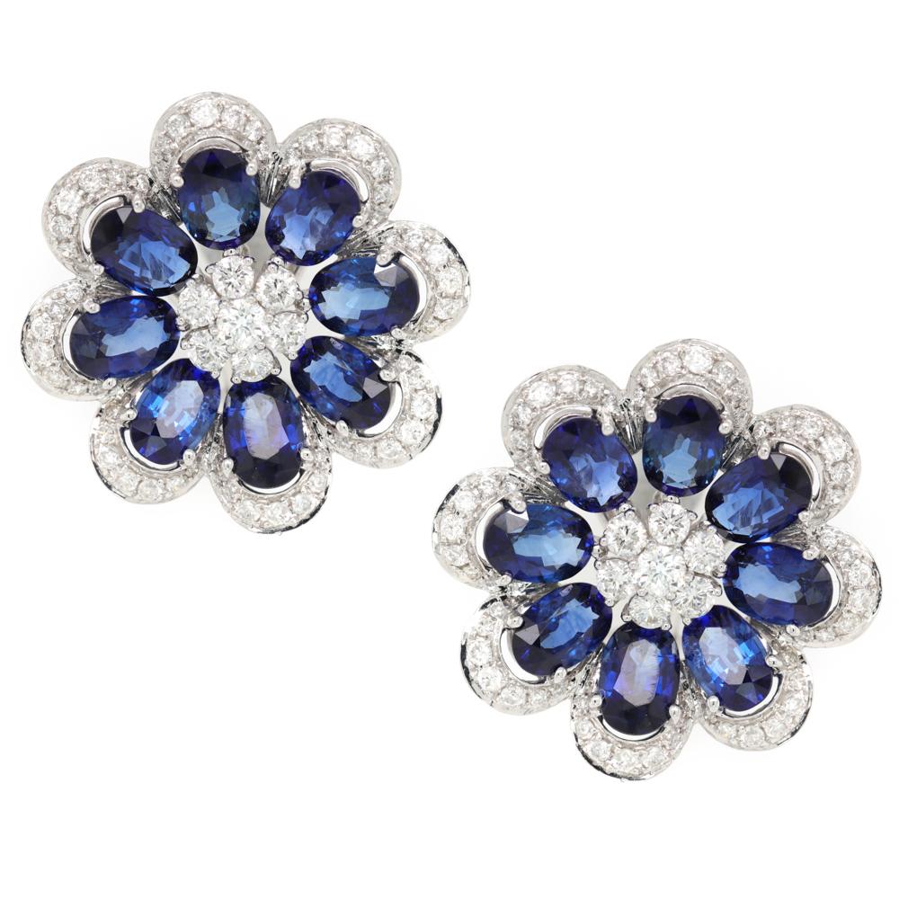 Jay Feder 18K White Gold Diamond Sapphire Flower Earrings