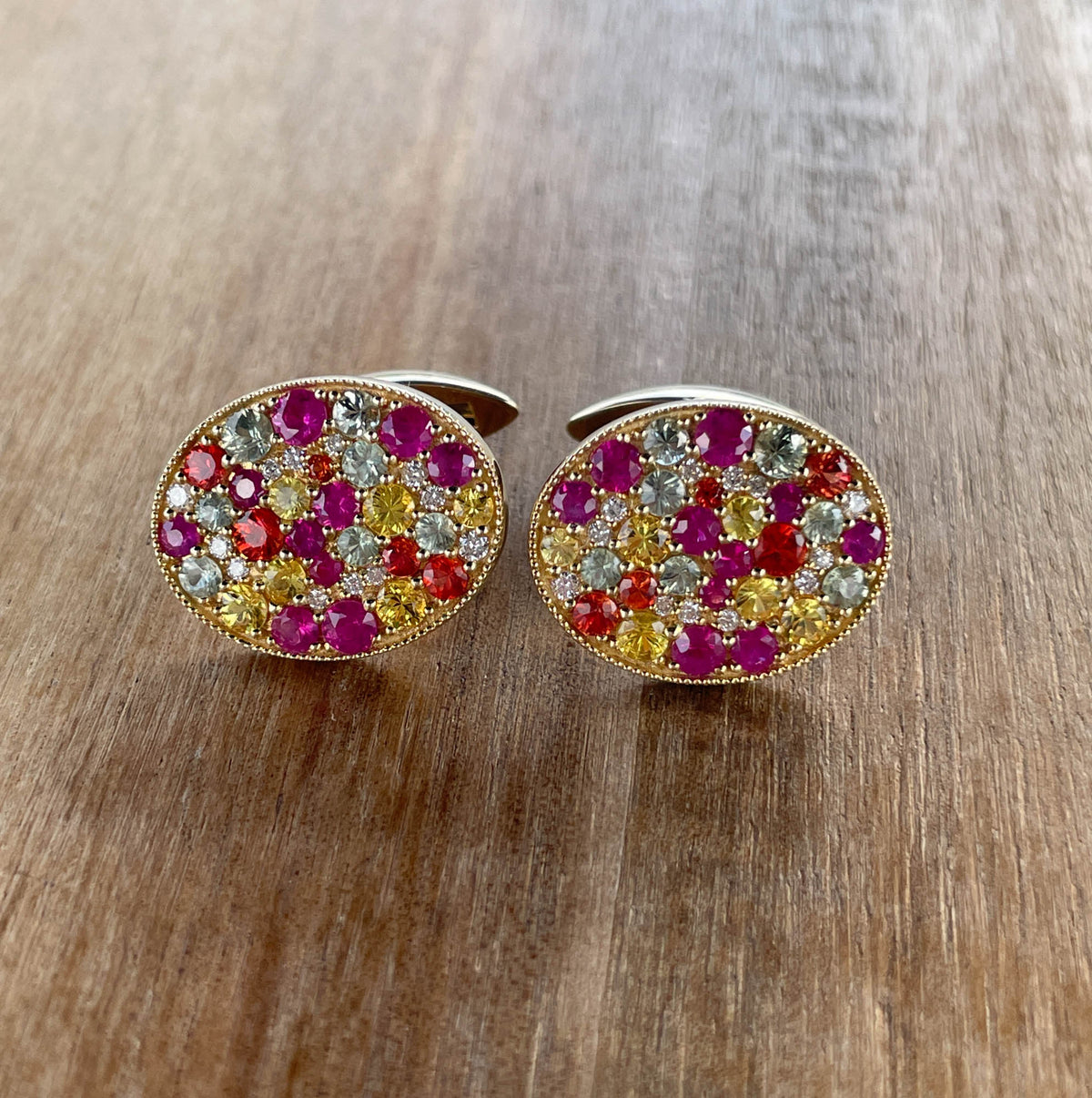 JAY FEDER 14K YELLOW GOLD SAPPHIRE DIAMOND CUFFLINKS