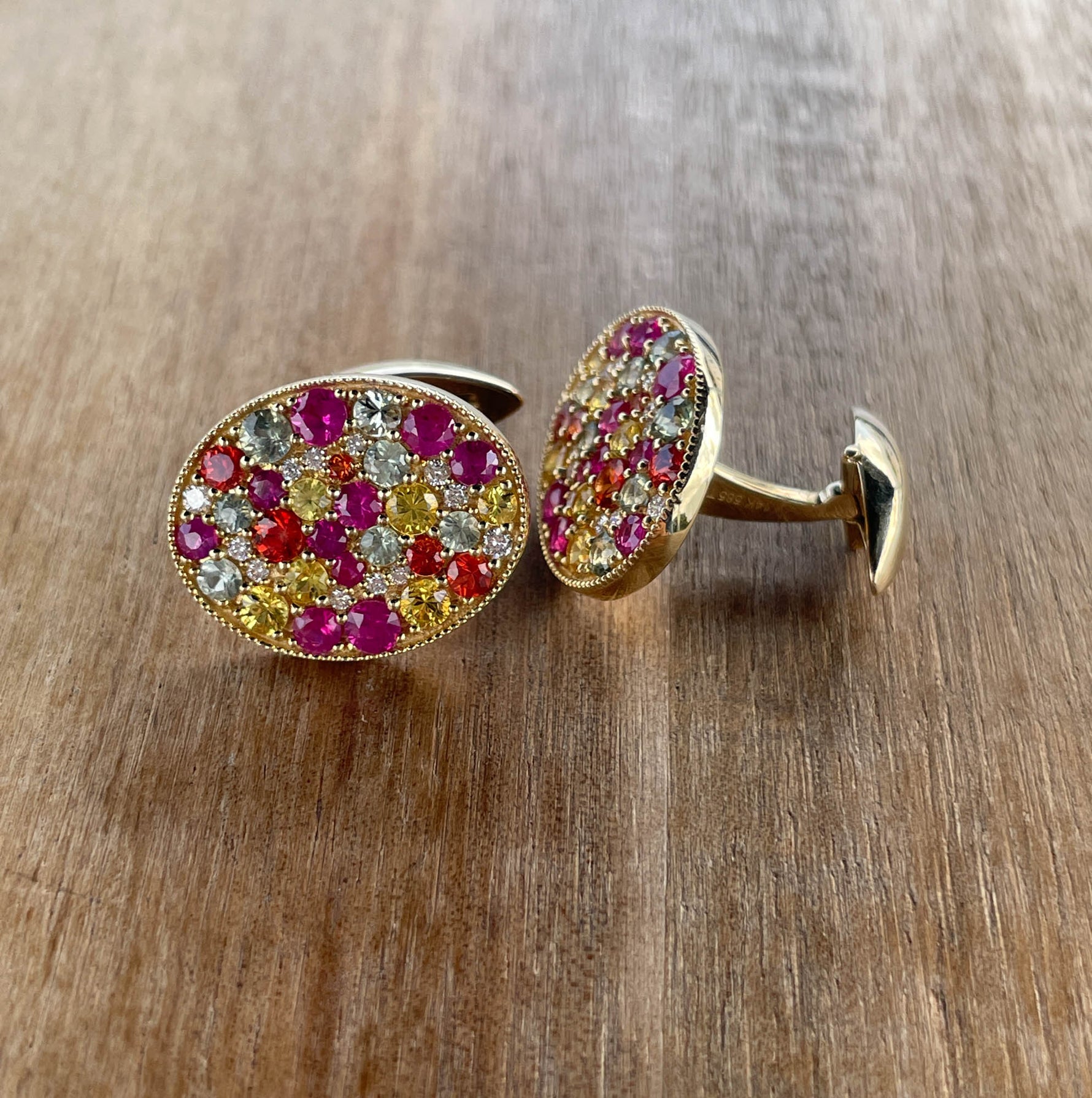 JAY FEDER 14K YELLOW GOLD SAPPHIRE DIAMOND CUFFLINKS