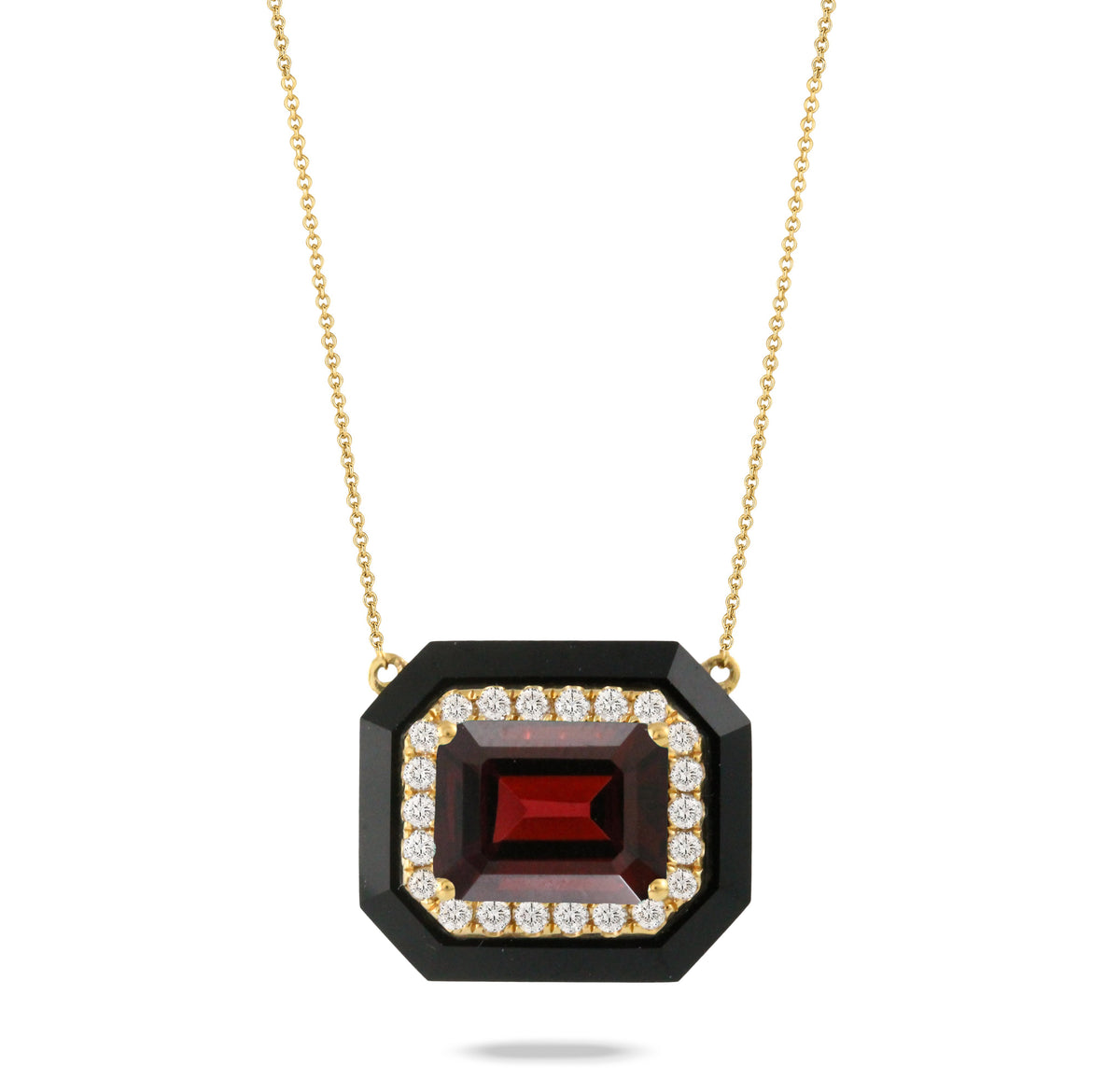 Doves 18K Yellow Gold Diamond Black Onyx Red Garnet Necklace