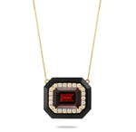 Doves 18K Yellow Gold Diamond Black Onyx Red Garnet Necklace