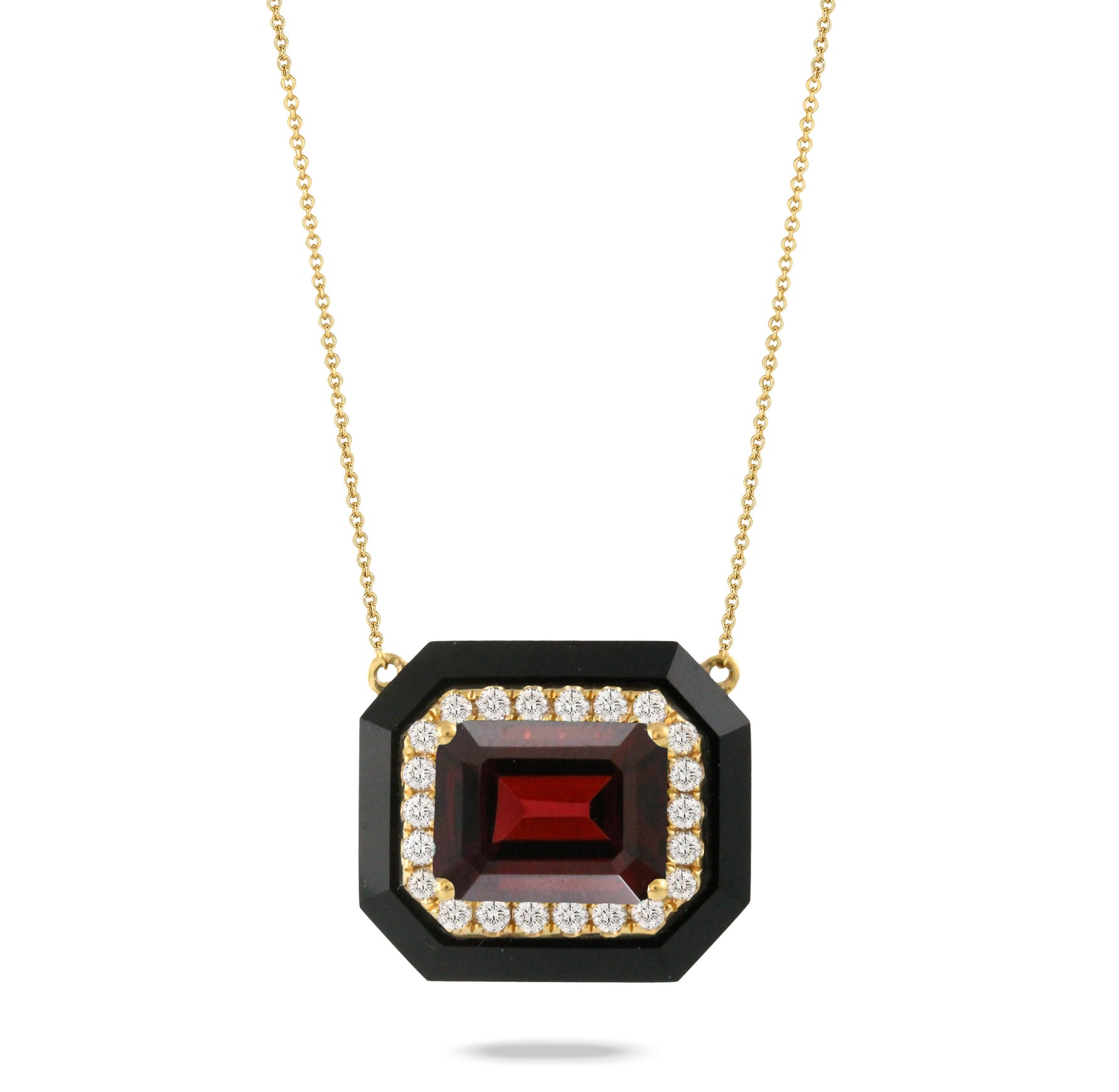 Doves 18K Yellow Gold Diamond Black Onyx Red Garnet Necklace