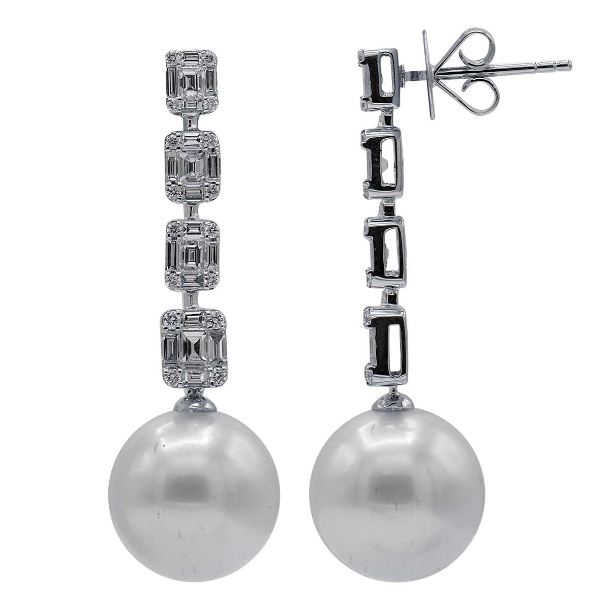 Jay Feder 18K White Gold Diamond South Sea Pearl Dangle Drop Earrings