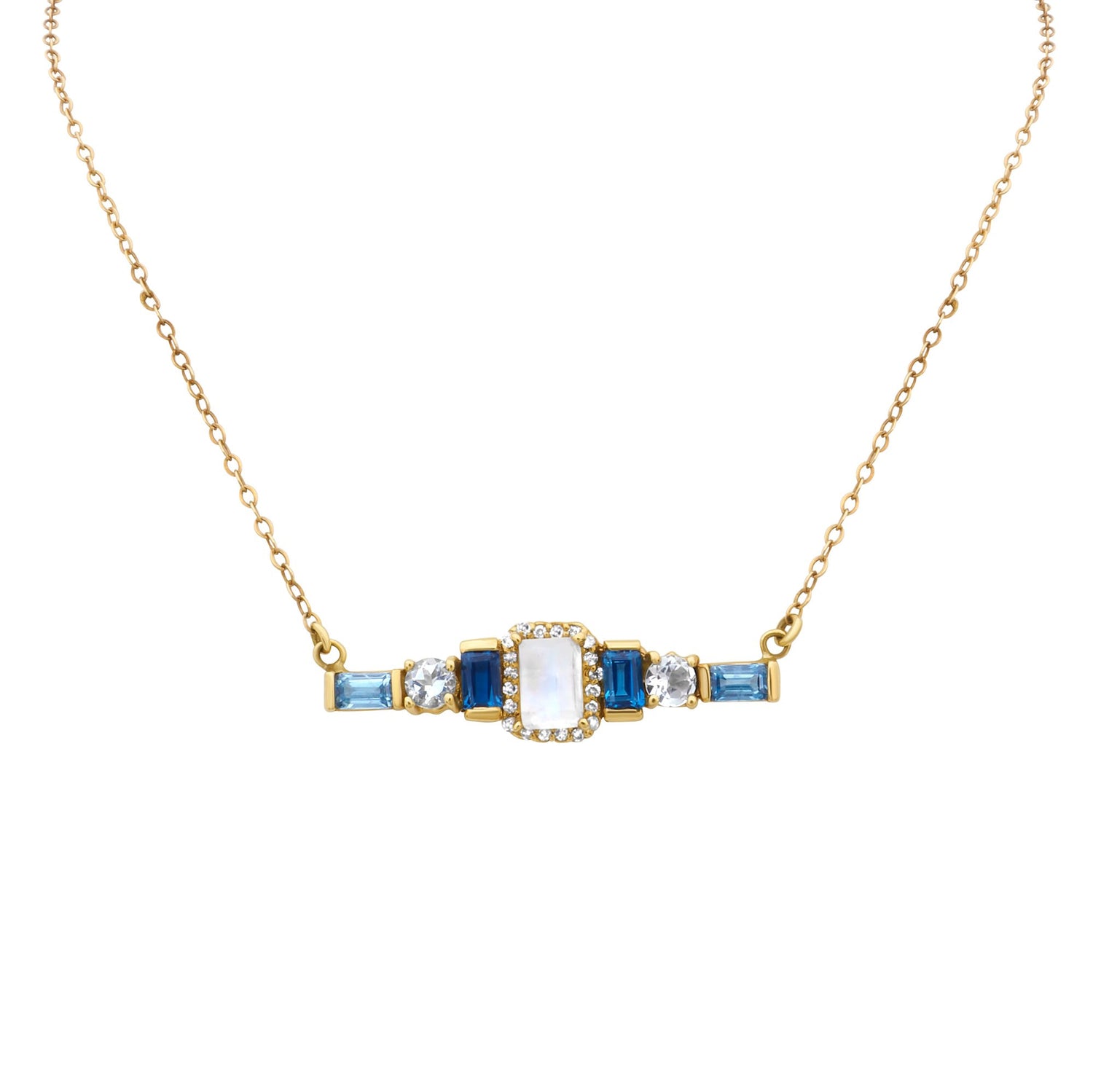 Eden Presley 14K Yellow Gold Aquamarine Blue Zircon Diamond Rainbow Moonstone Bar necklace