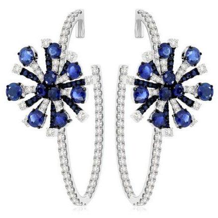 Sutra 18K White Gold Fireworks Collection Sapphire Diamond Oval Hoop Earrings