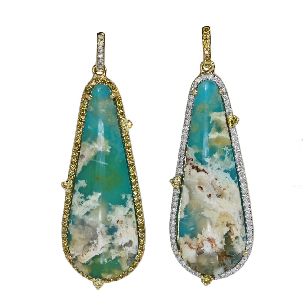 Laura Medine 18k Yellow Gold Diamond Turquoise Teardrop Earrings