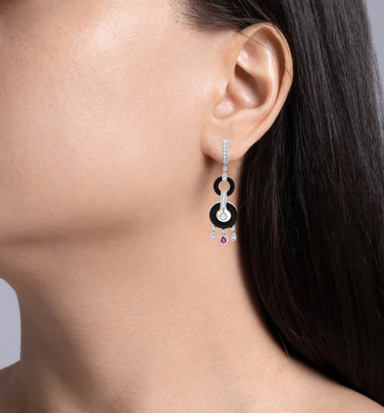 Jay Feder 18K White Gold Diamond Ruby Onyx Art Deco Earrings