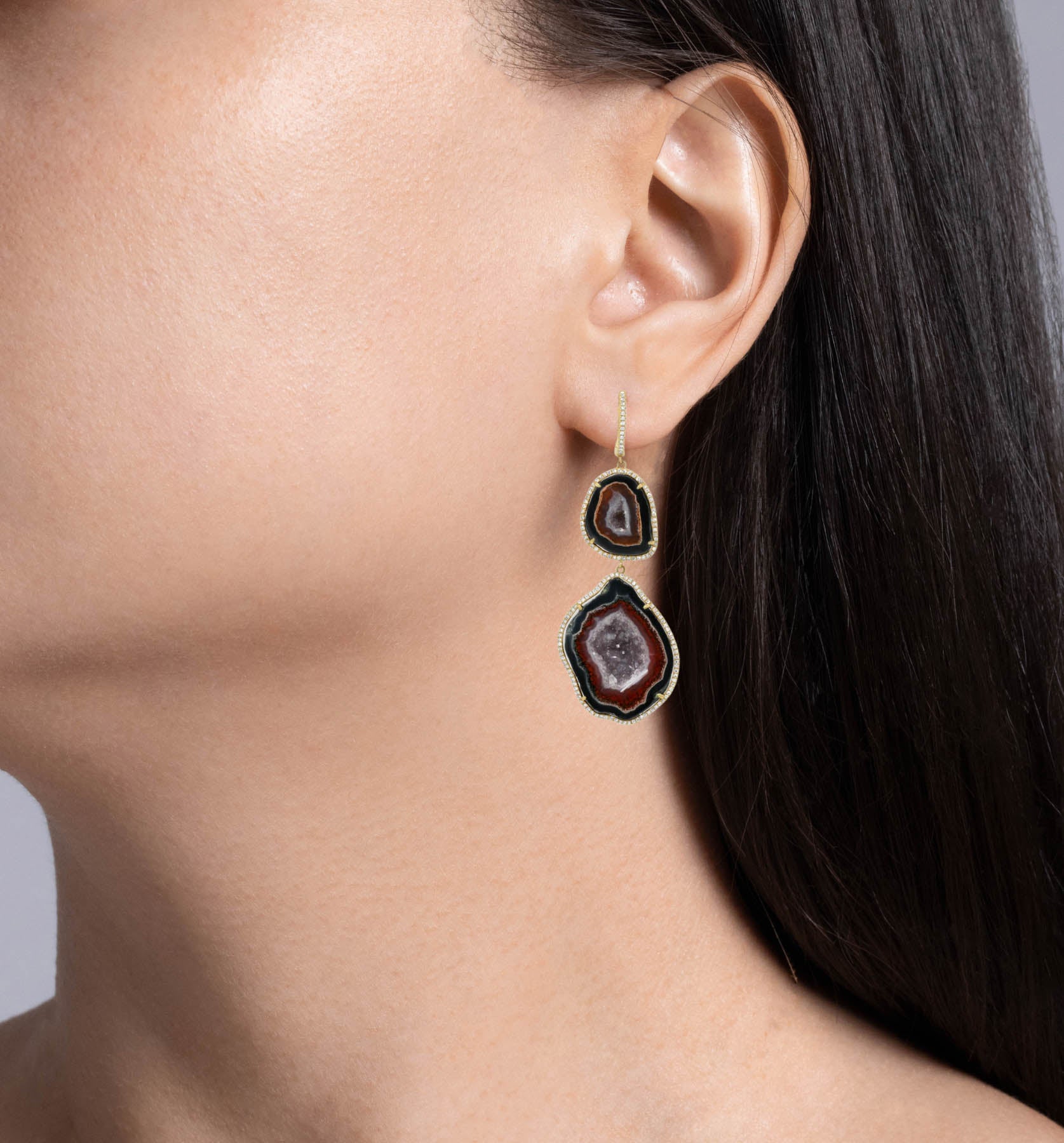 Jay Feder 14k Yellow gold diamond Agate Geode Drop Earrings