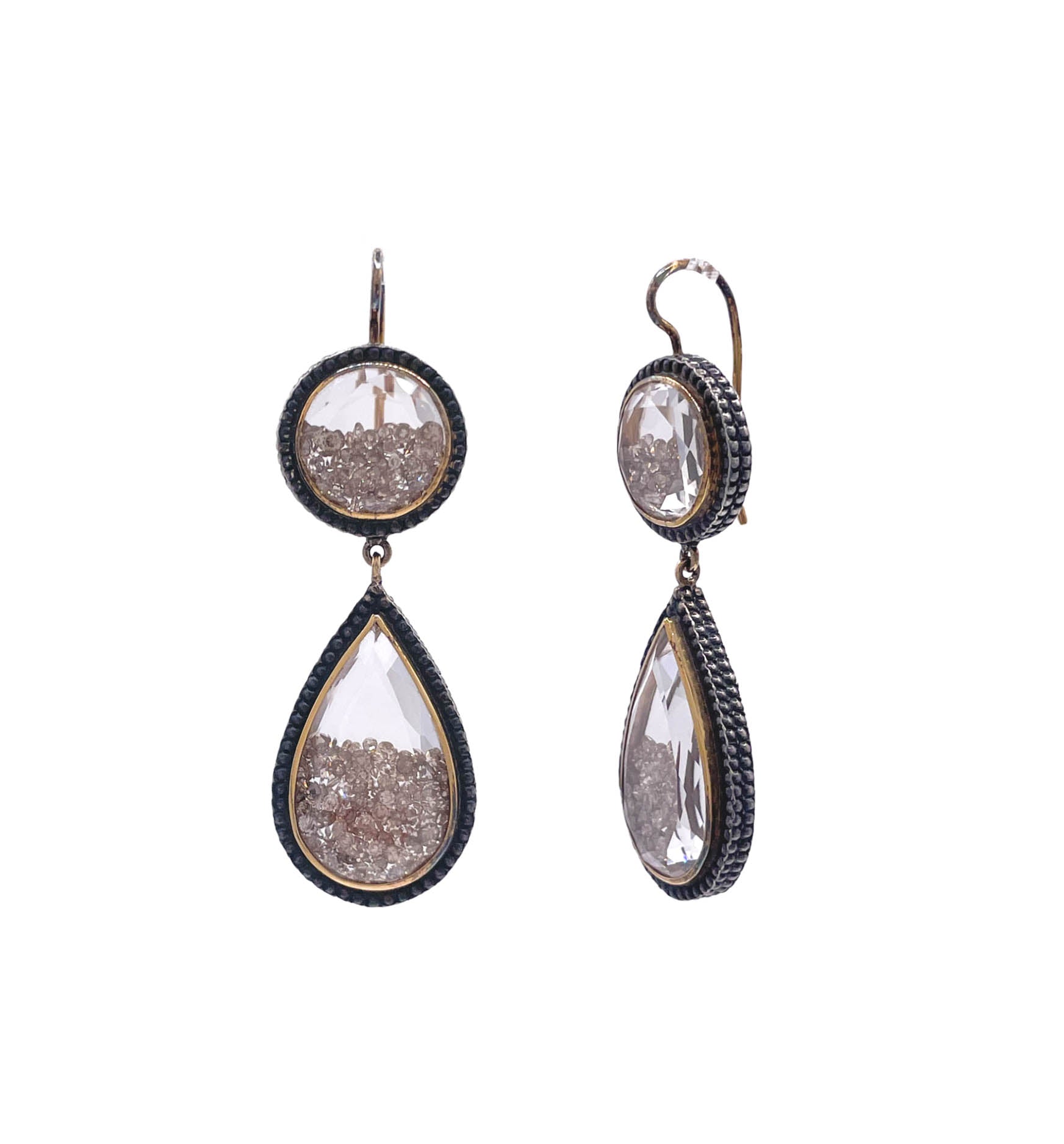 Moritz Glik 18K Yellow Gold Blackened Silver Champagne Diamond Double Drop Shaker Earrings
