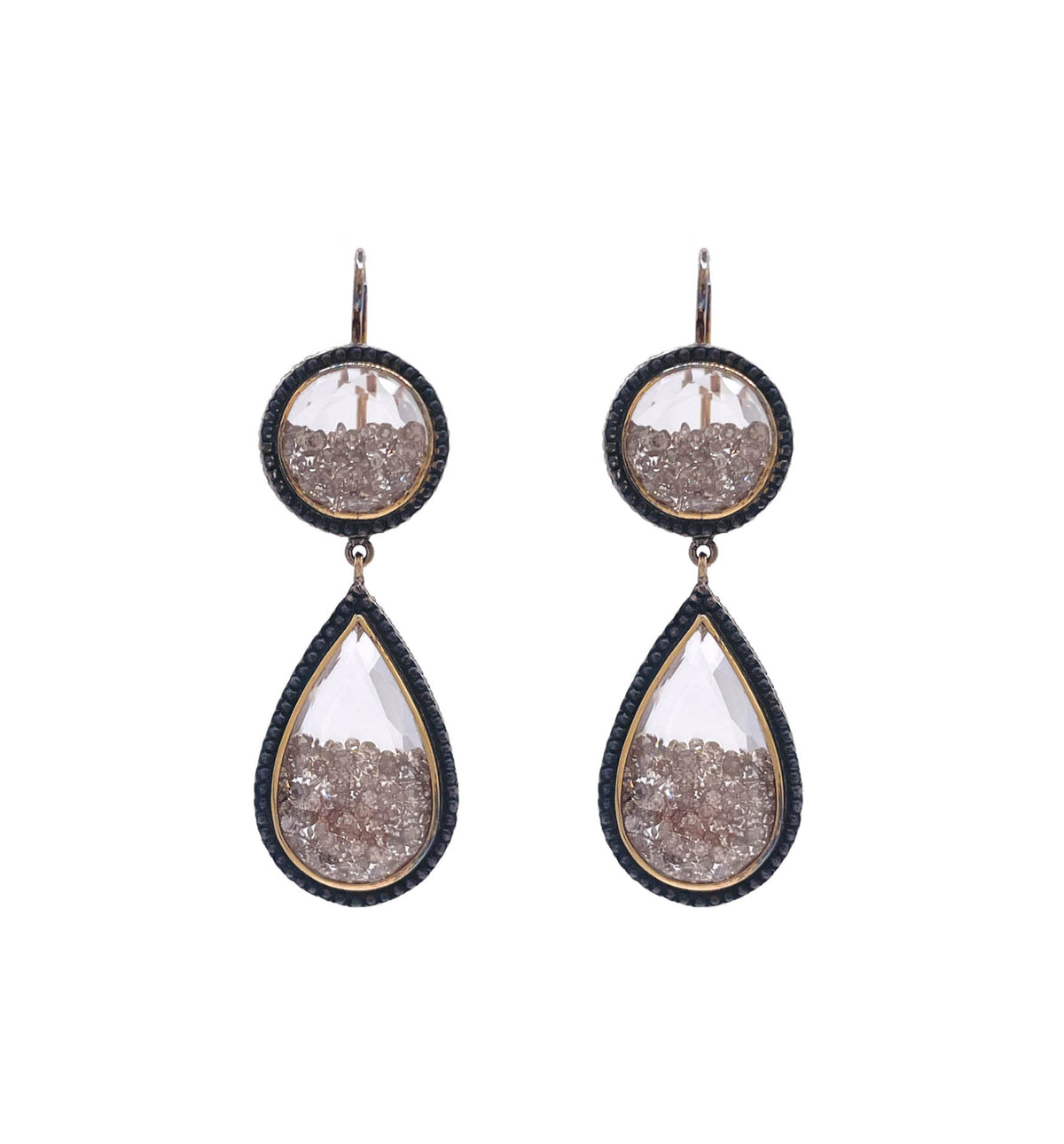 Moritz Glik 18K Yellow Gold Blackened Silver Champagne Diamond Double Drop Shaker Earrings