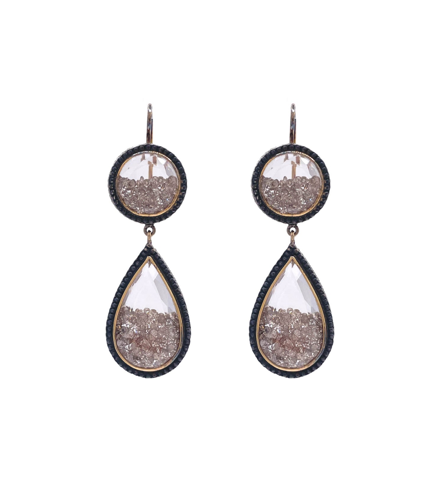 Moritz Glik 18K Yellow Gold Blackened Silver Champagne Diamond Double Drop Shaker Earrings