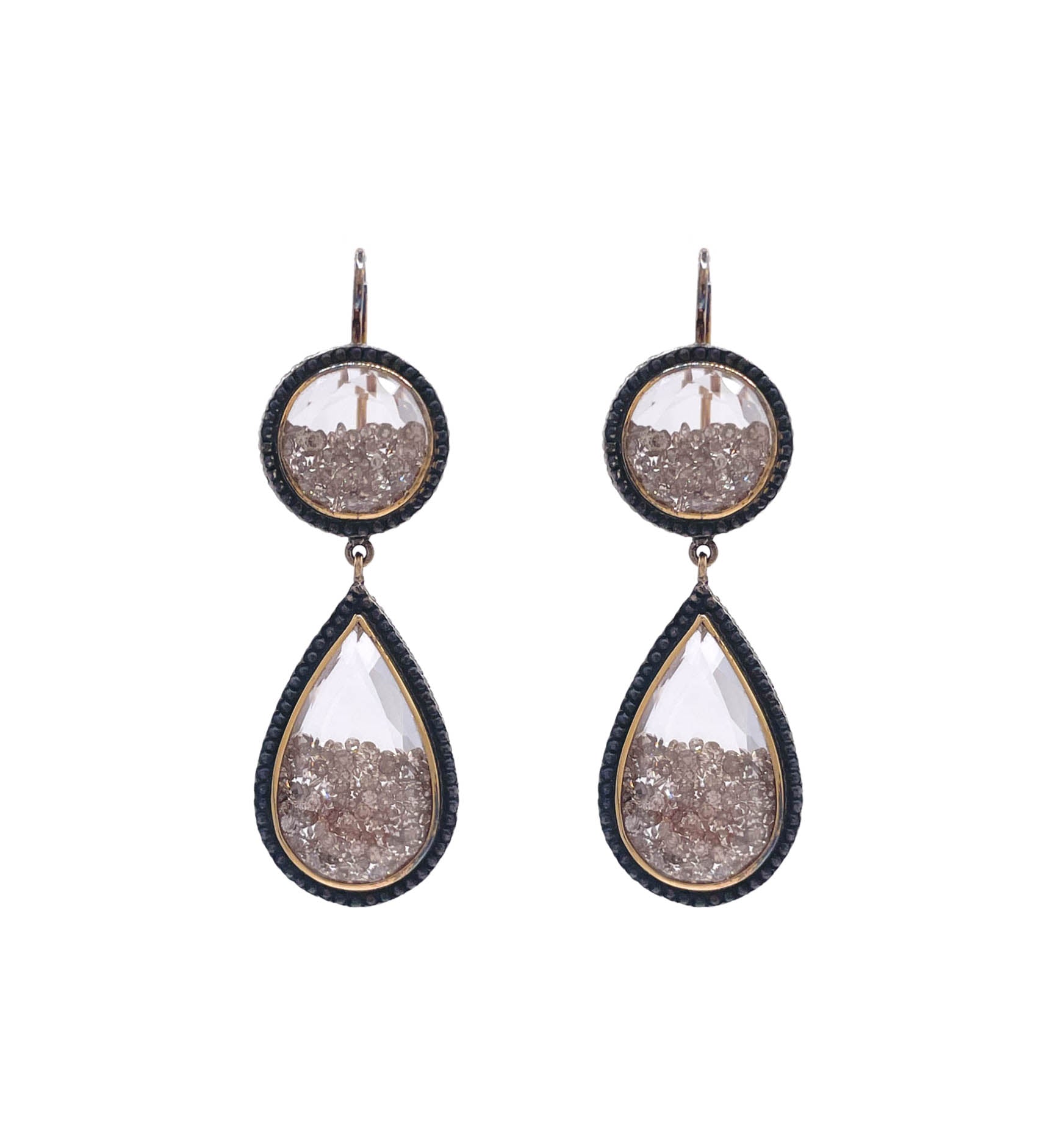 Moritz Glik 18K Yellow Gold Blackened Silver Champagne Diamond Double Drop Shaker Earrings