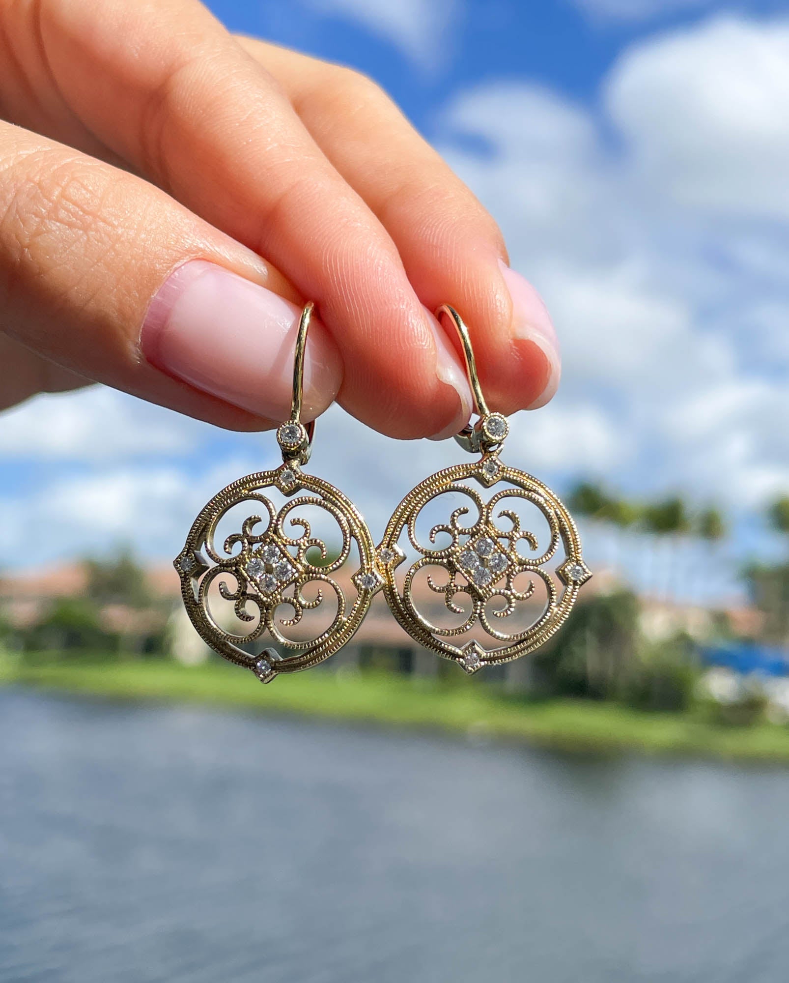 Jay Feder 14k Yellow Gold Diamond Filigree Drop Dangle Earrings