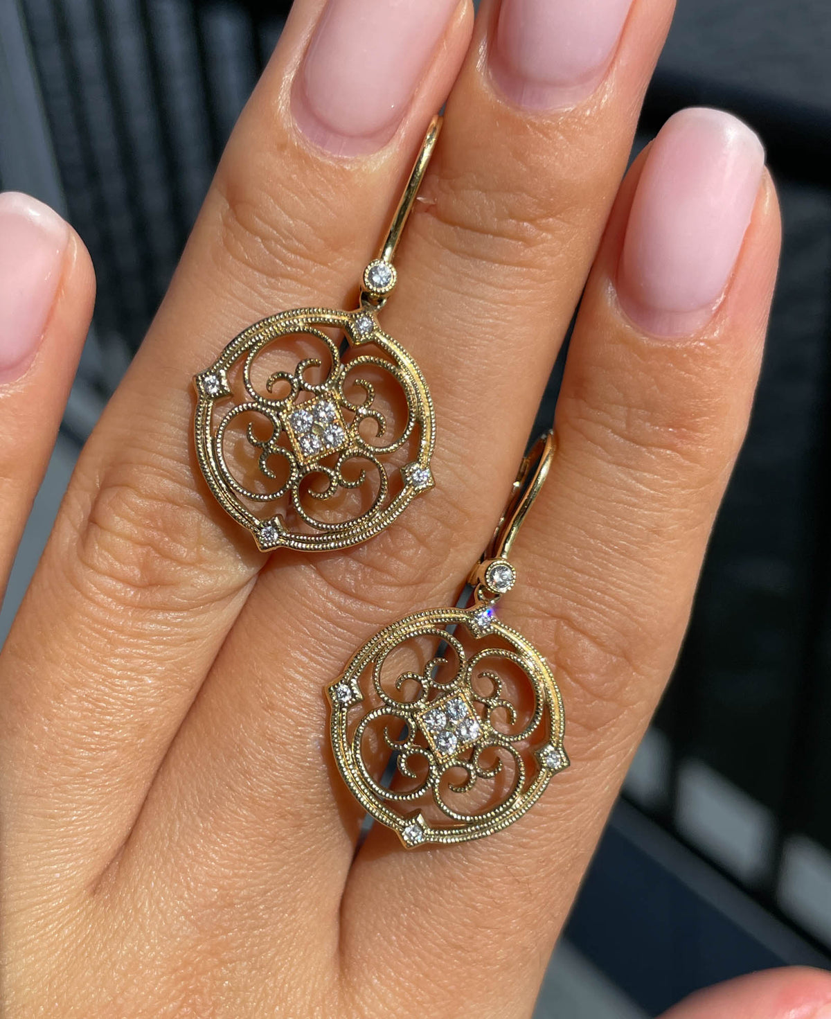 Jay Feder 14k Yellow Gold Diamond Filigree Drop Dangle Earrings