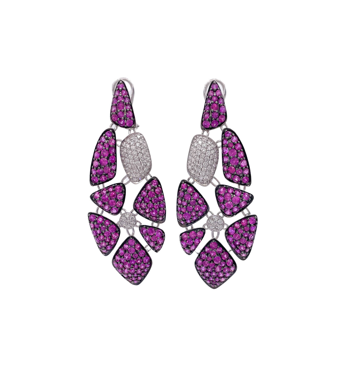 JAY FEDER 18K WHITE GOLD RUBY AND DIAMOND DROP DANGLE EARRINGS