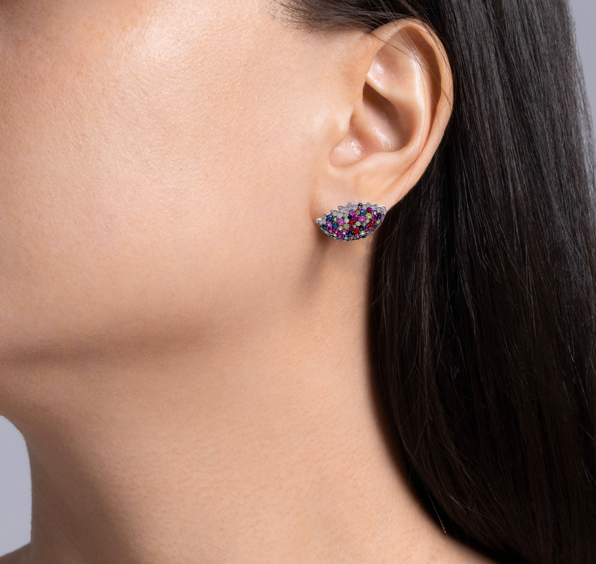 Jay Feder 14k White Gold Multicolor Sapphire and Diamond Caged Stud Earrings