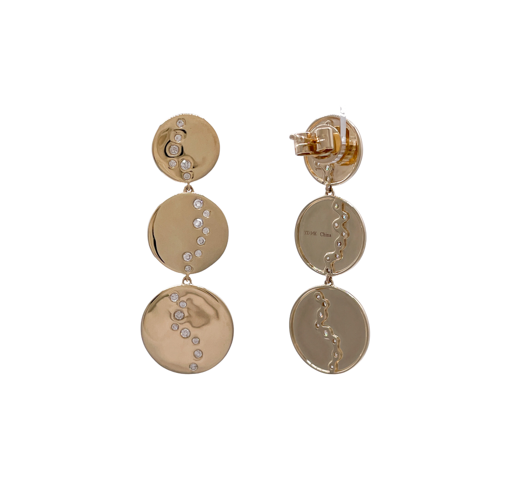 Jay Feder 14k Yellow Gold Diamond 3 Disk Drop Dangle Earrings
