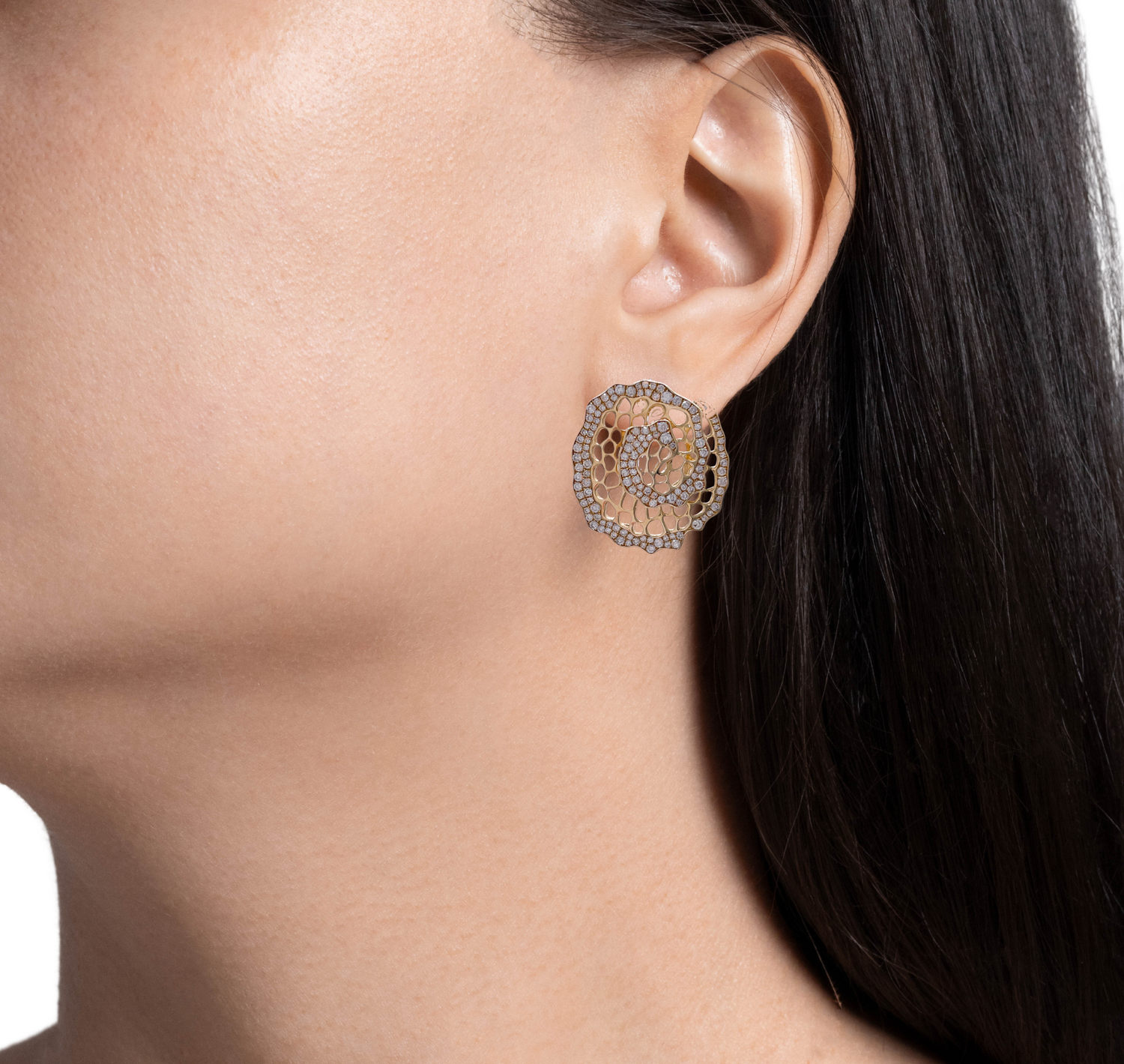 Jay Feder 14k Yellow Gold Diamond Floral Spiral Filigree Earrings