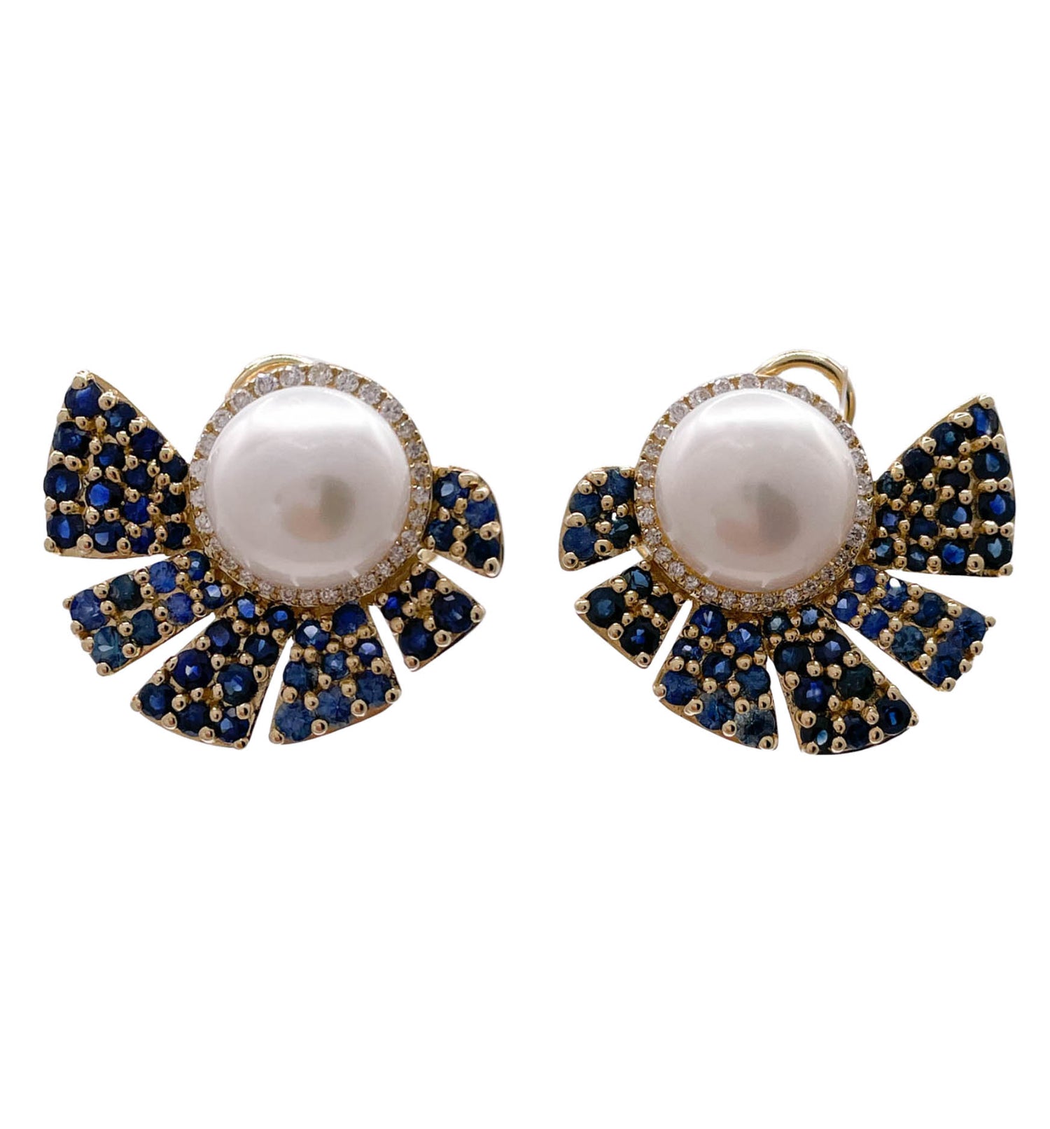 JAY FEDER 14K YELLOW GOLD PEARL SAPPHIRE DIAMOND EARRINGS
