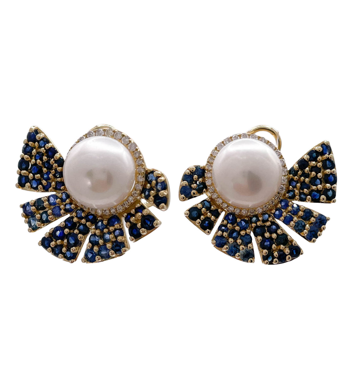 JAY FEDER 14K YELLOW GOLD PEARL SAPPHIRE DIAMOND EARRINGS