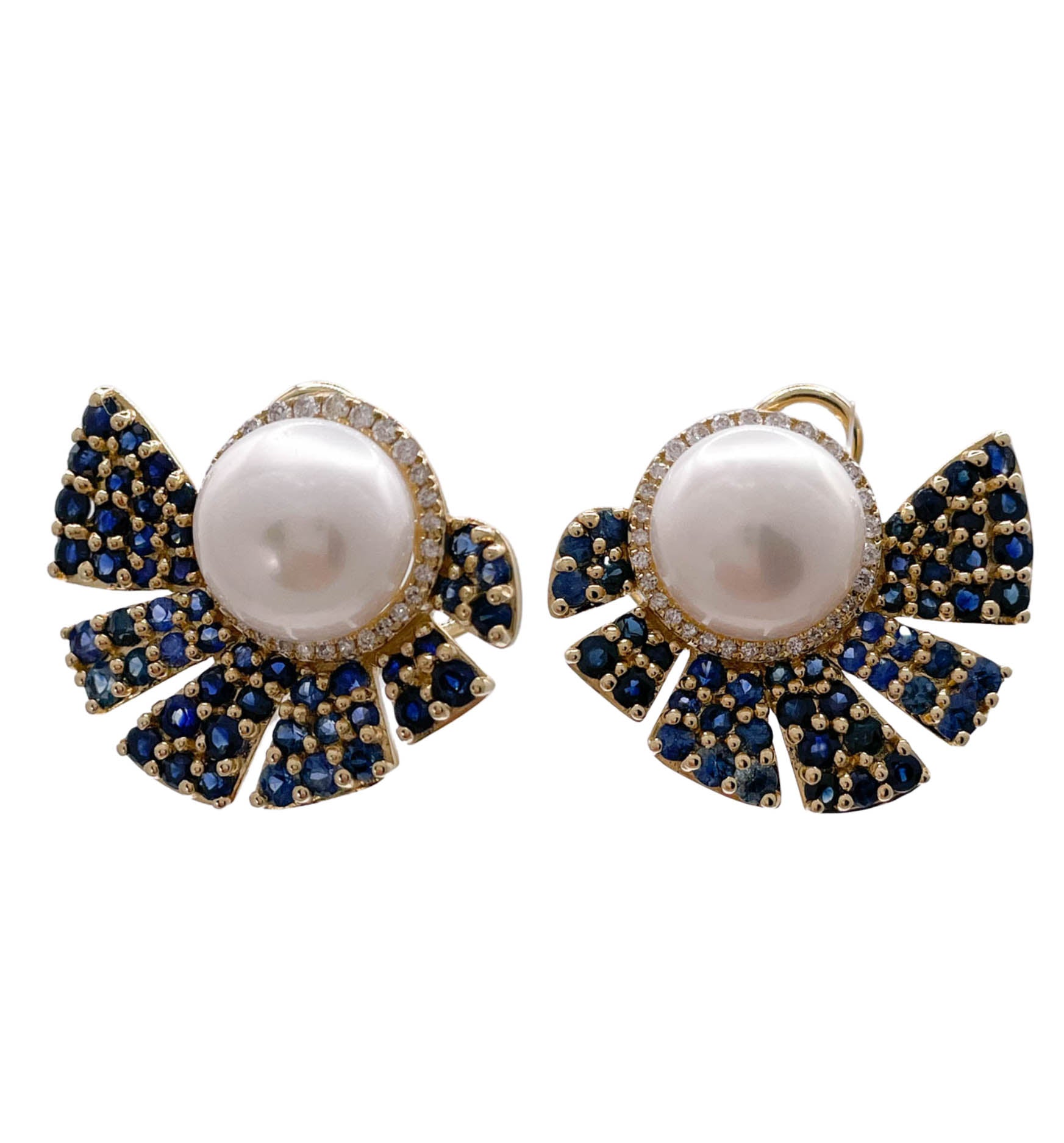 JAY FEDER 14K YELLOW GOLD PEARL SAPPHIRE DIAMOND EARRINGS