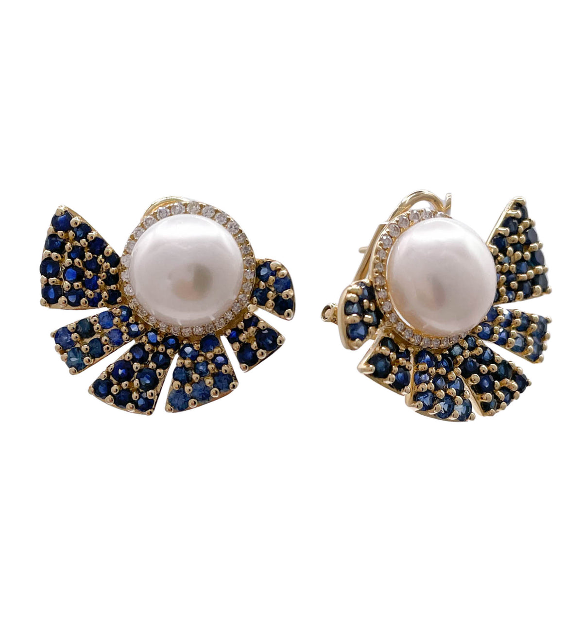 JAY FEDER 14K YELLOW GOLD PEARL SAPPHIRE DIAMOND EARRINGS