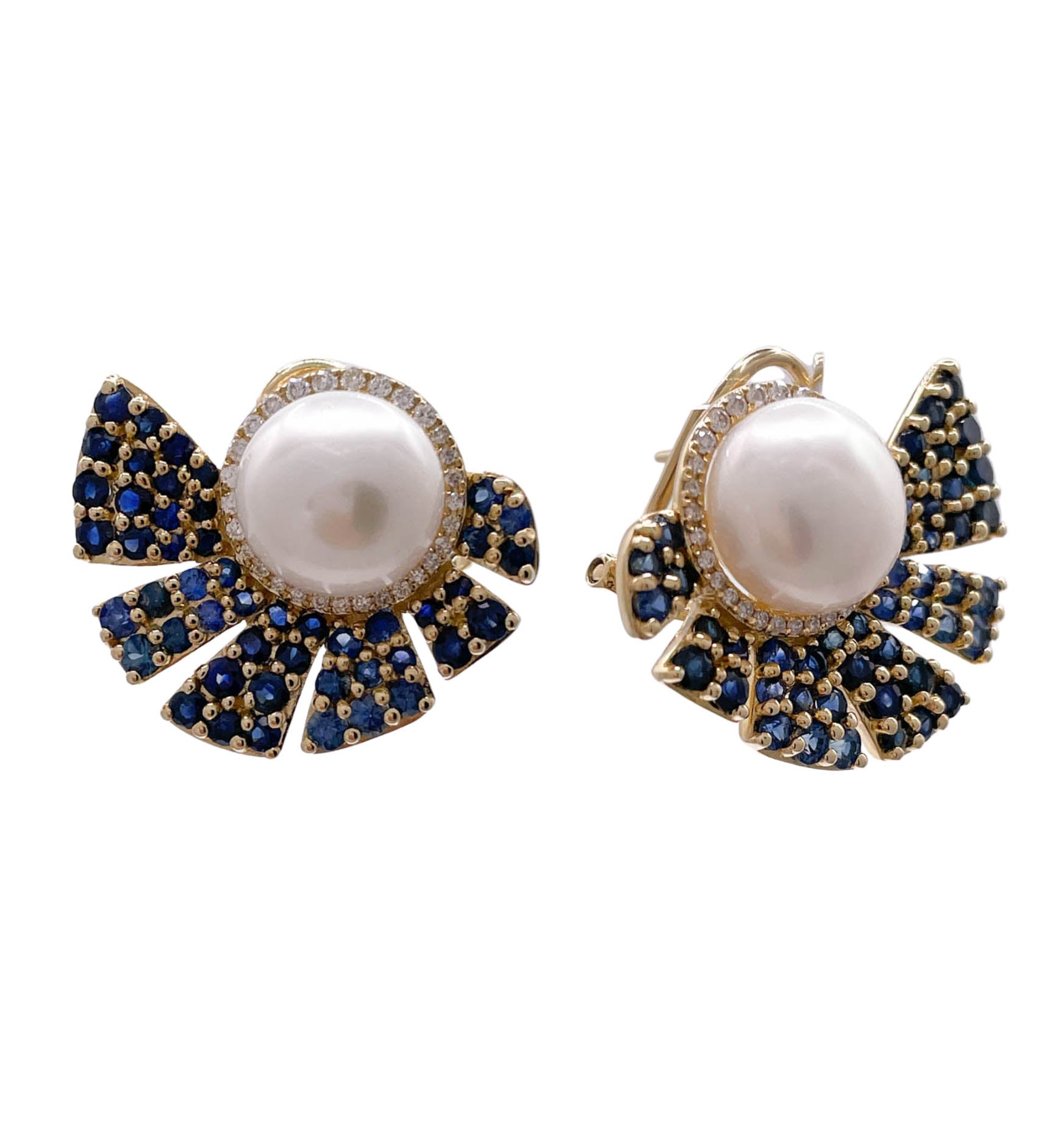 JAY FEDER 14K YELLOW GOLD PEARL SAPPHIRE DIAMOND EARRINGS