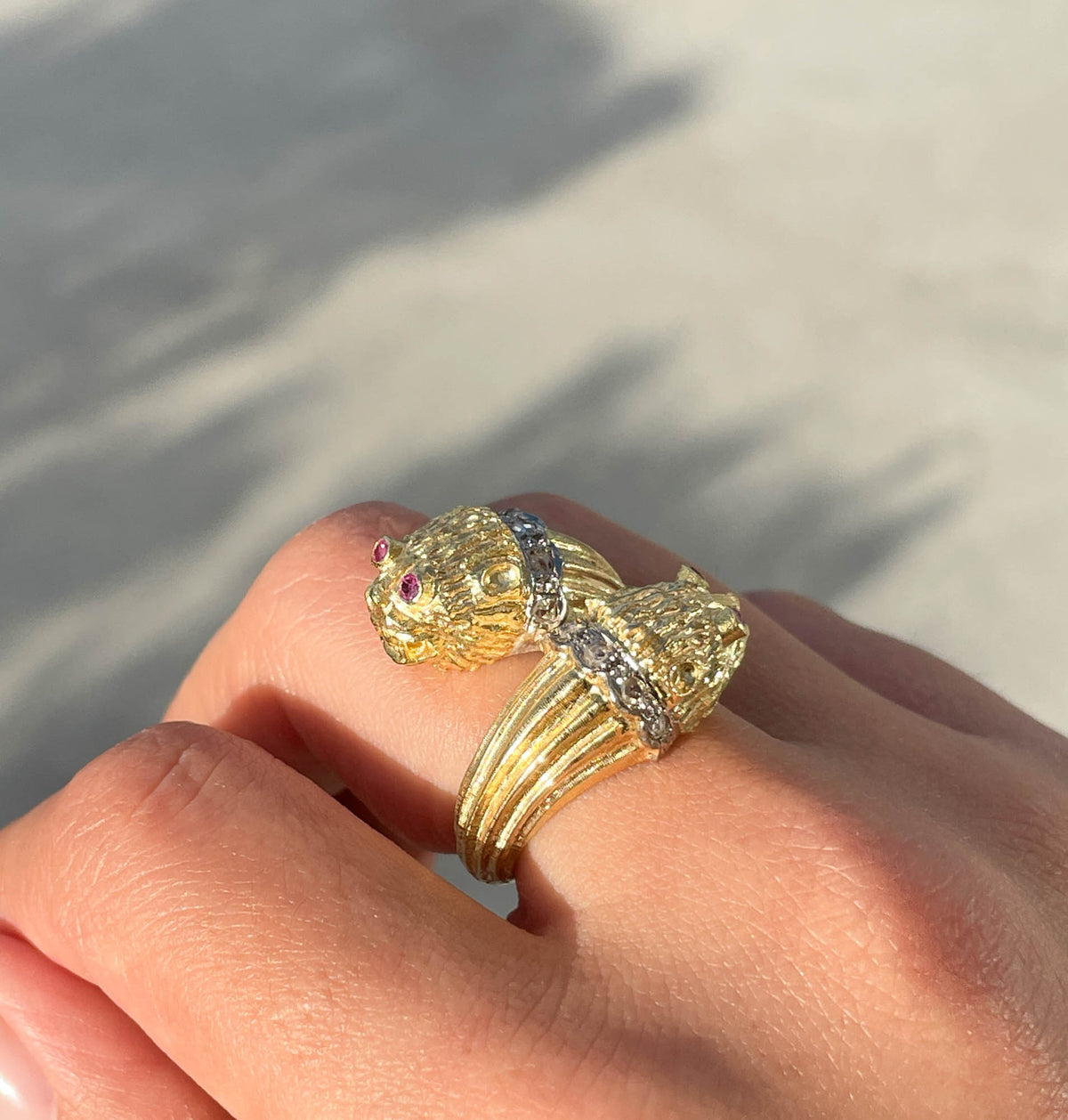 Jay Feder 18K Yellow Gold Diamond Pink Sapphire Lion Ring