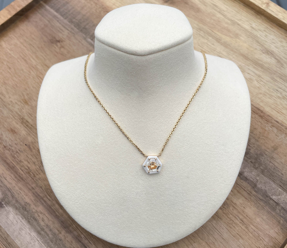 JAY FEDER 14K YELLOW GOLD DIAMOND ENAMEL HEXAGON NECKLACE