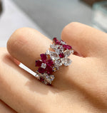 Kamyen 18K White Gold Diamond Ruby Flower Ring