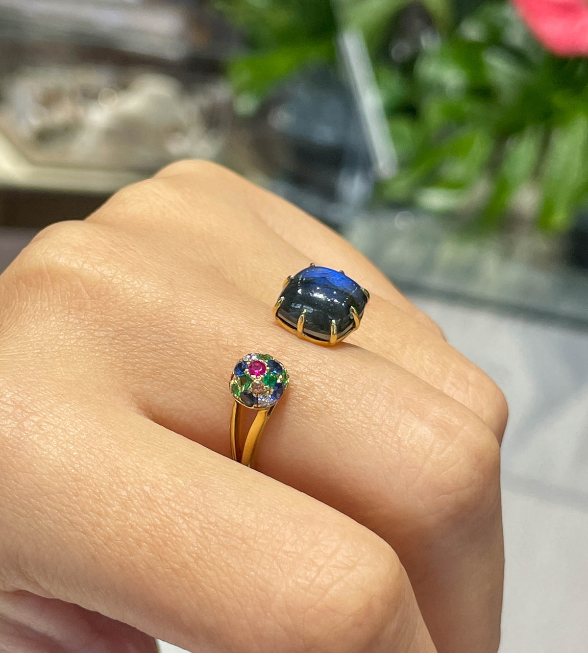 Laura Medine 18k Yellow gold Multi Colored Stone Diamond Open Ring