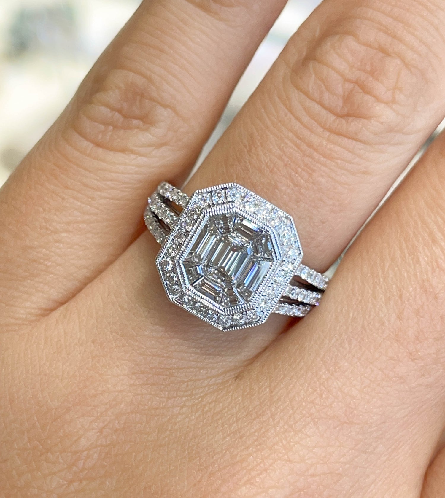 Jay Feder 18K White Gold Emerald Pie-cut Diamond Ring