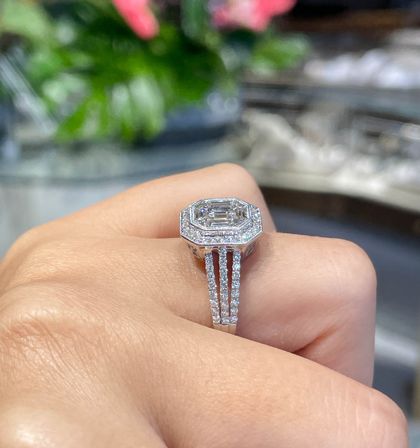 Jay Feder 18K White Gold Emerald Pie-cut Diamond Ring