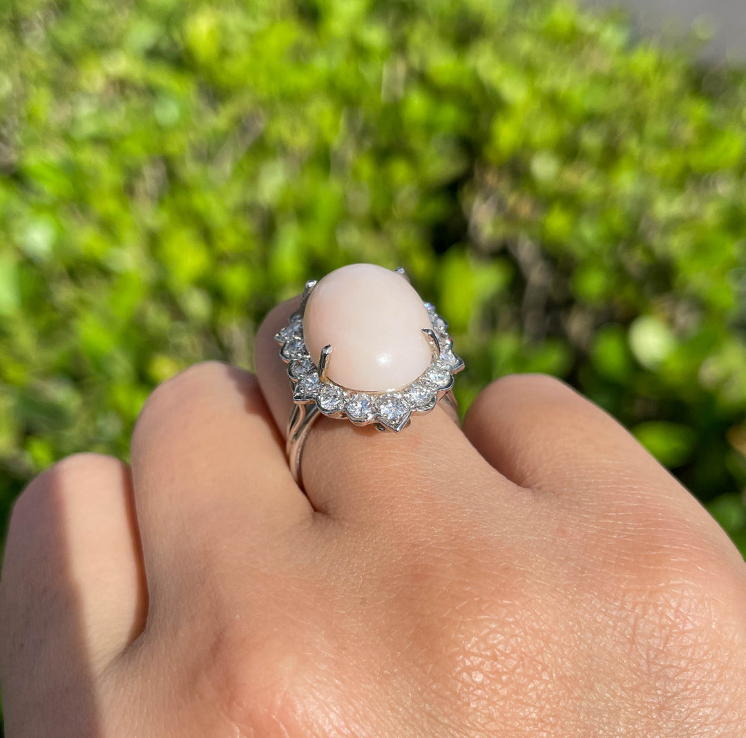Jay Feder 14K White gold Pink Coral Diamond Halo Ring – Jay