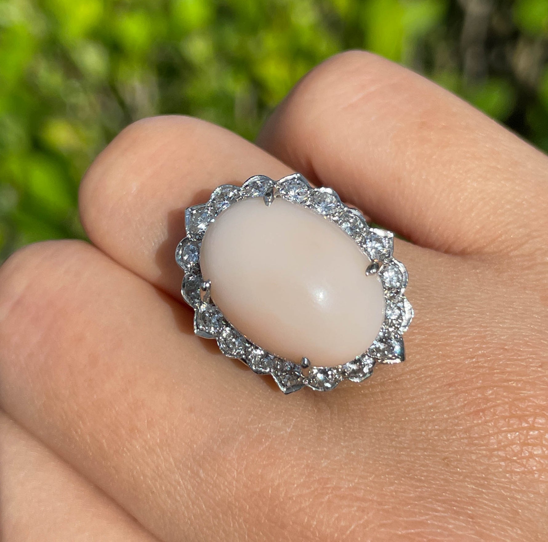 Jay Feder 14K White gold Pink Coral Diamond Halo Ring