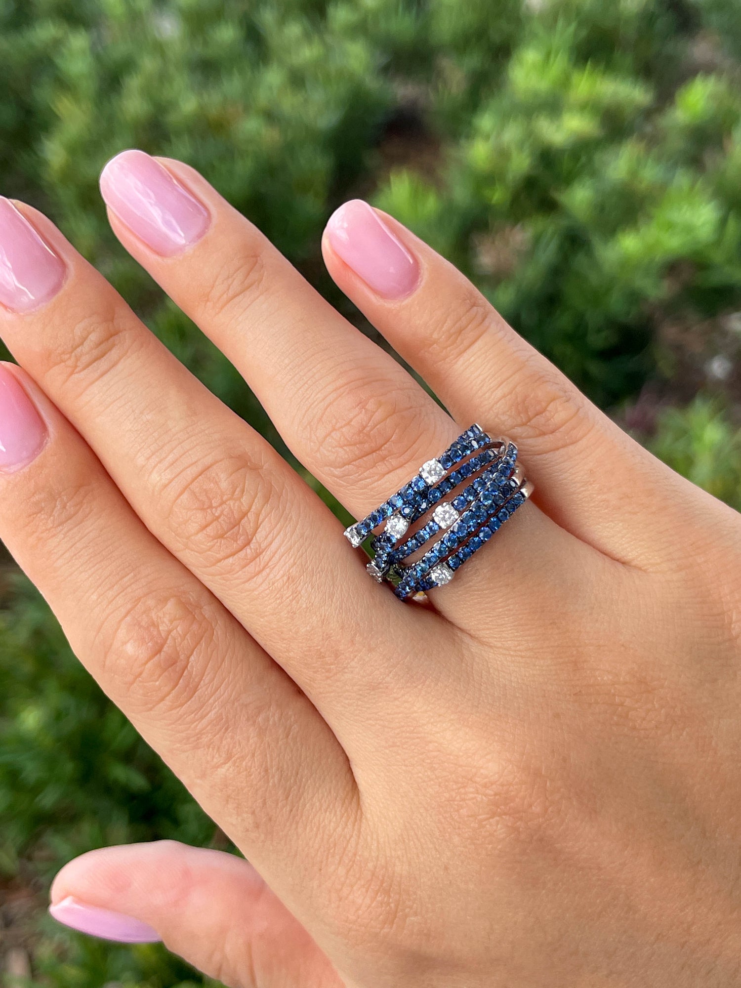 Jay Feder 14K White gold Sapphire 6 Layer Diamond ring