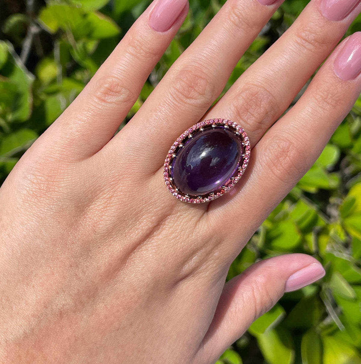 Roule & Co. Amethyst Cabochon and pink Sapphire 18K Rose Gold ring