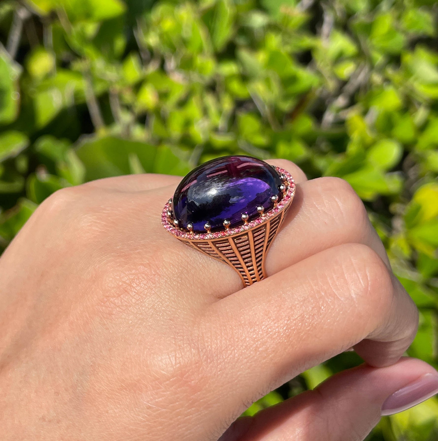 Roule & Co. Amethyst Cabochon and pink Sapphire 18K Rose Gold ring