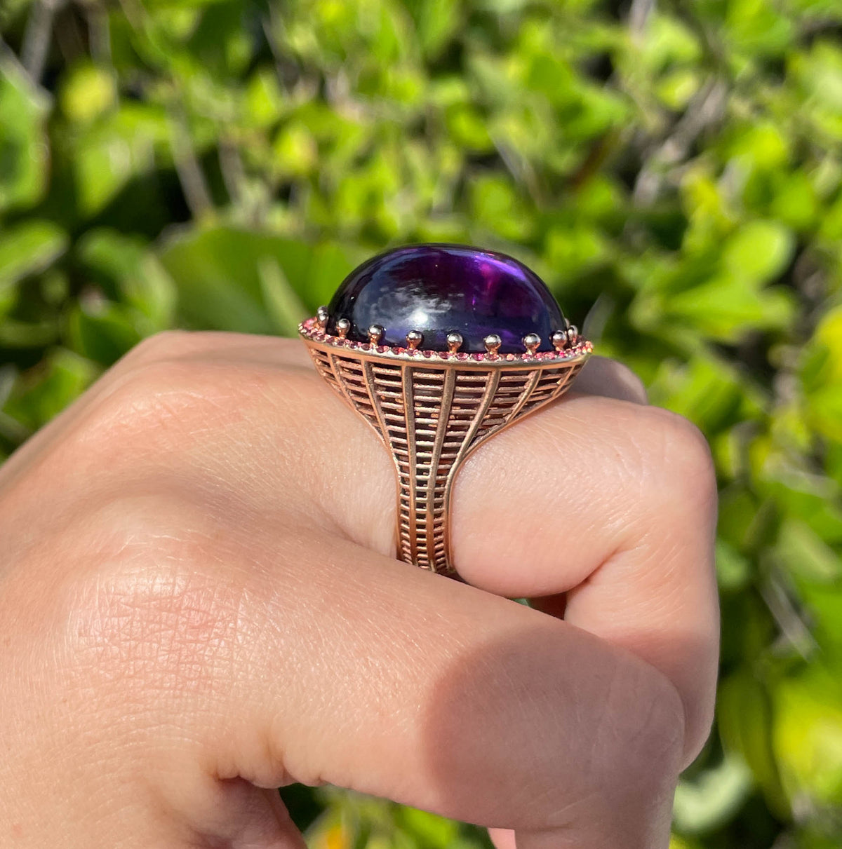Roule & Co. Amethyst Cabochon and pink Sapphire 18K Rose Gold ring