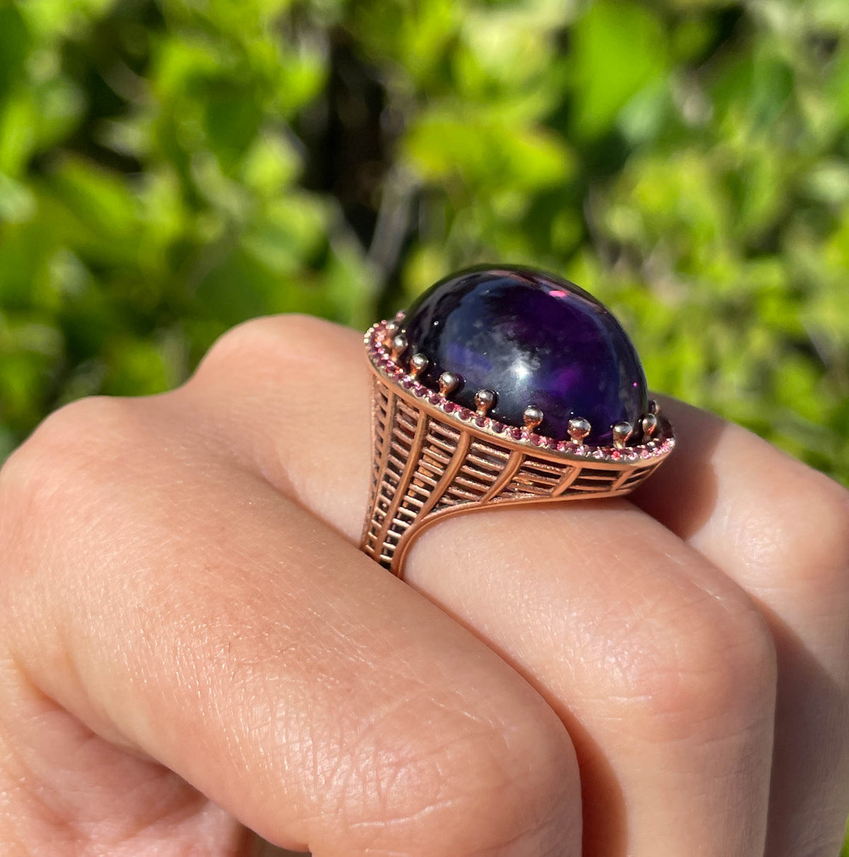 Roule & Co. Amethyst Cabochon and pink Sapphire 18K Rose Gold ring