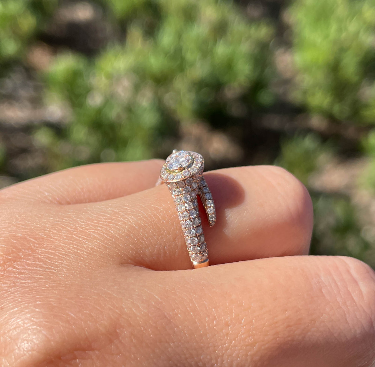 JAY FEDER 14K ROSE GOLD DIAMOND PEAR HALO RING