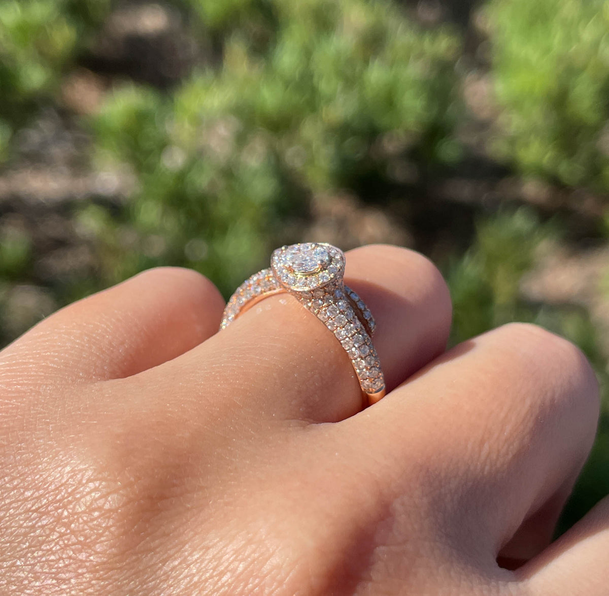 JAY FEDER 14K ROSE GOLD DIAMOND PEAR HALO RING