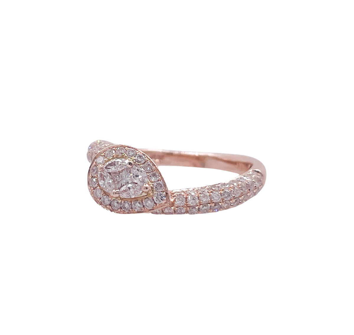 JAY FEDER 14K ROSE GOLD DIAMOND PEAR HALO RING